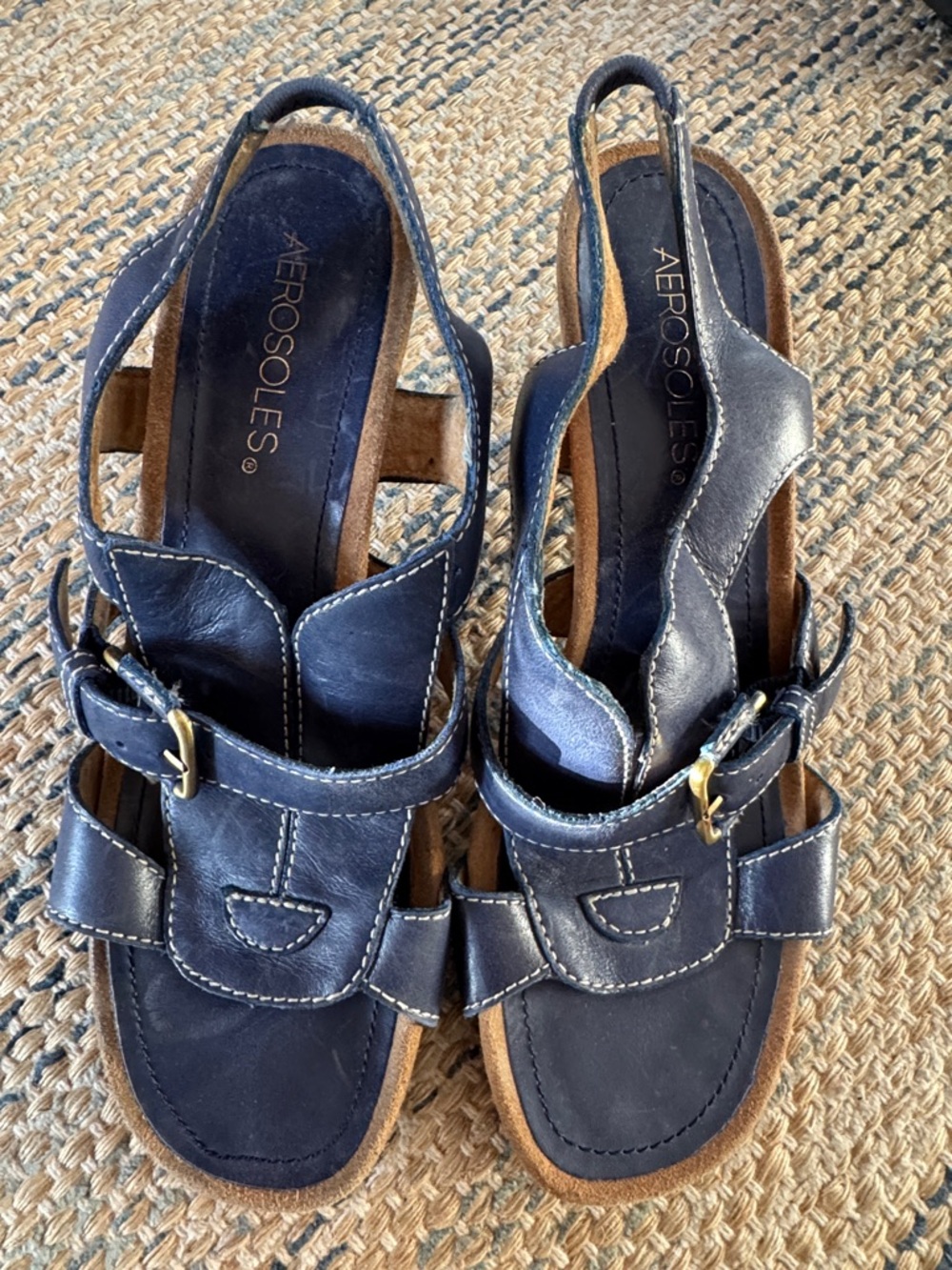 LOT of 3: Black, Denim Blue, and Brown Leather Slingback Sandals - Picture 4 of 5